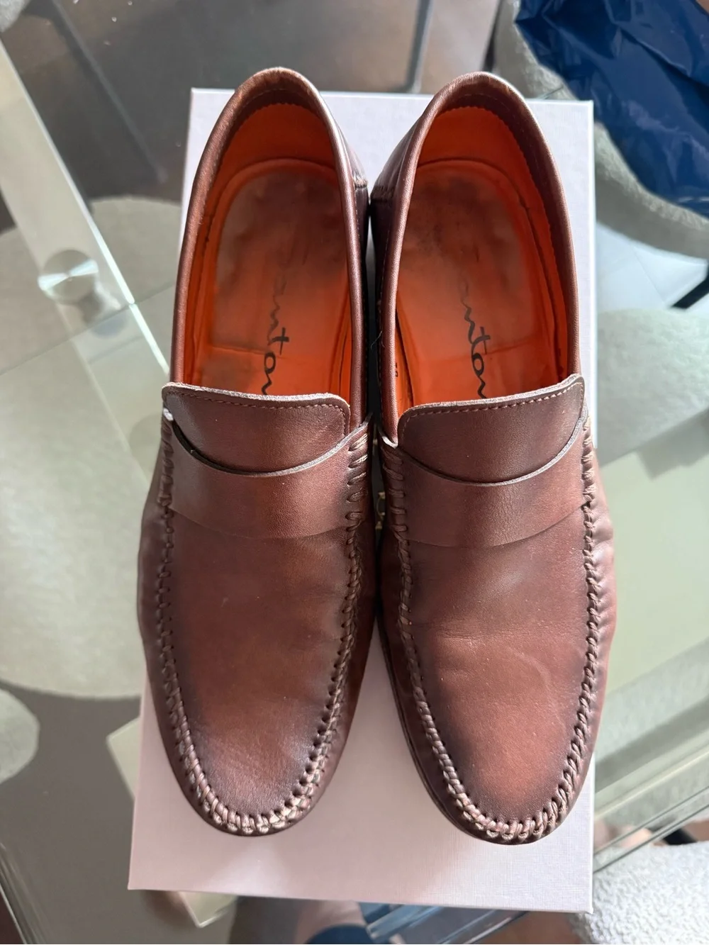 Santoni Brown Leather Penny Loafers with Moc Toe Stitching
